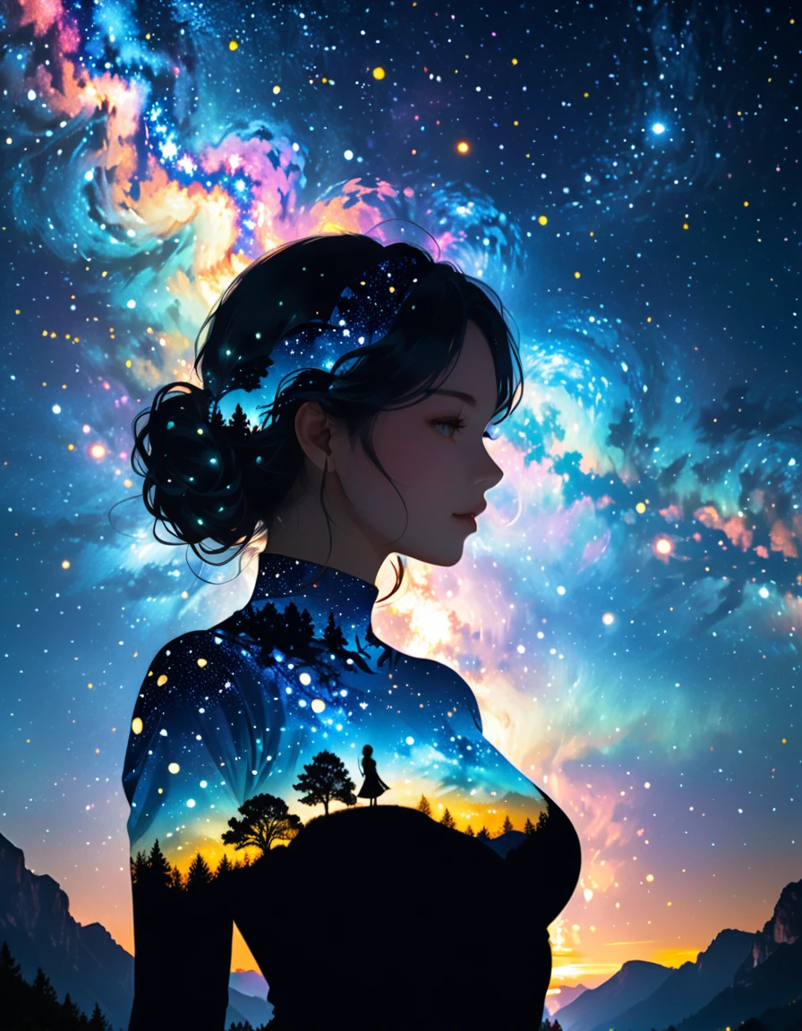 คุณภาพสูง, 8k อัลตร้าเอชดี, A beautiful การสัมผัสสองครั้ง that combines a goddess silhouette with the starry night sky，ท้องฟ้ายามค่ำคืนที่เต็มไปด้วยดวงดาวควรเป็นฉากหลังที่อยู่เบื้องหลัง, โดยมีรายละเอียดที่รวมอยู่ในเทพธิดา, เส้นที่คมชัด，โฟกัสคมชัด, การสัมผัสสองครั้ง, โดย ยูกิซากุระ, สีเต็มสุดยอดมาก