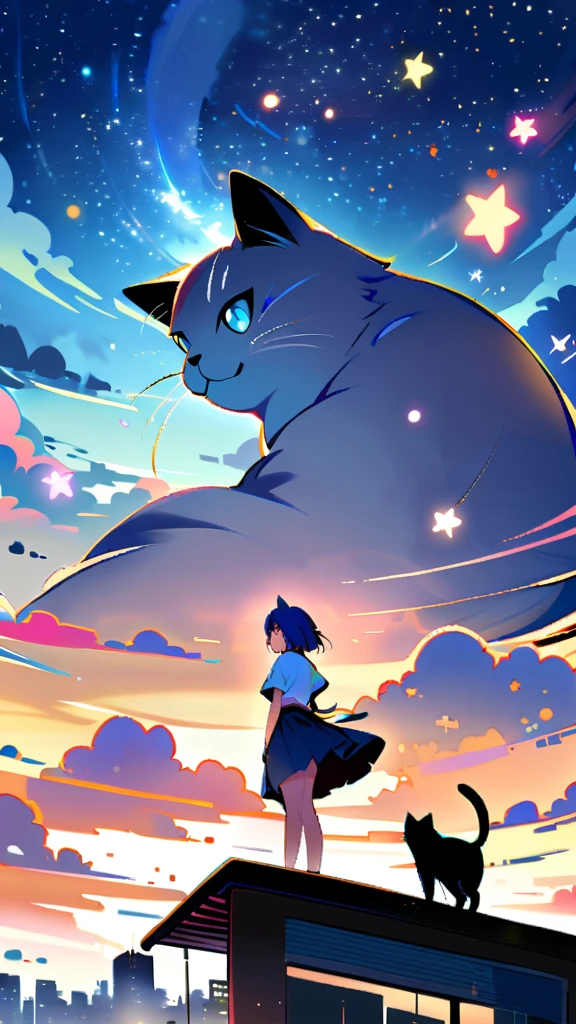 1girl, short hair, blue eyes, skirt, shirt, holding, , standing, outdoors, sky, cloud, blue skirt, night, animal, cat, building, star \(sky\), scenery, starry sky, city, cityscape, whiskers, rooftop, oversized animal,Blue Hair Girl,Face close-up