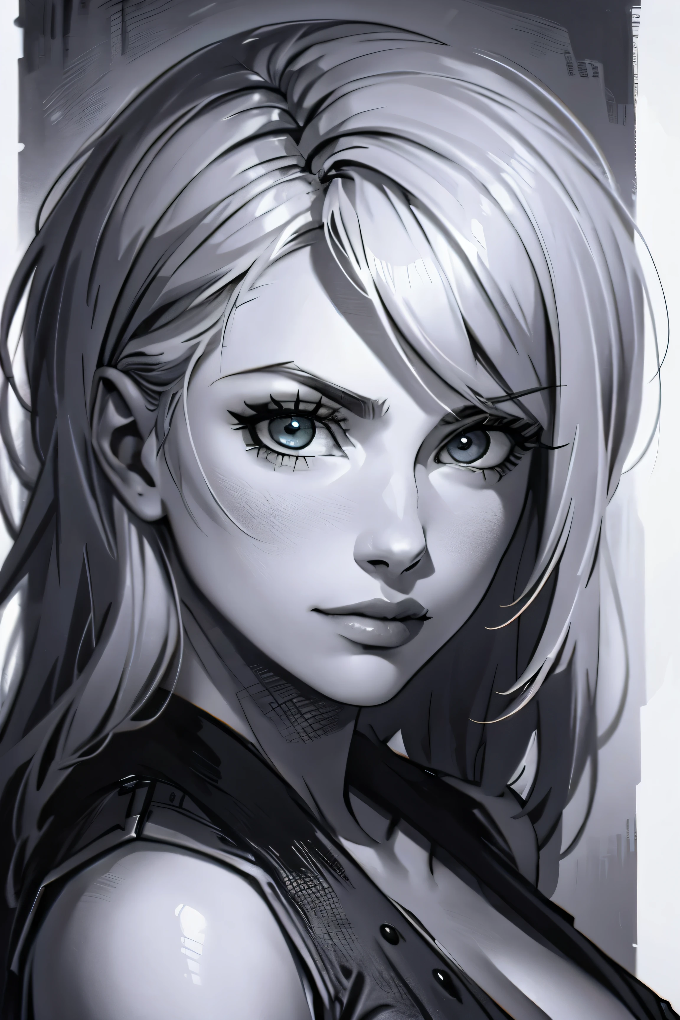 A girl in a mugshot, sketch, black and white, detailed features, vintage style, high contrast lighting, expressive eyes, tousled hair. (best quality, highres, realistic:1.37), vintage, monochrome, intense gaze, dramatic lighting, rugged background, distressed paper texture, retro vibes, id photo, front view