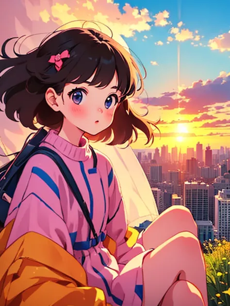 Cute girl，early summer，whirlwind，Girl sitting on a hill watching the sunset over the city.