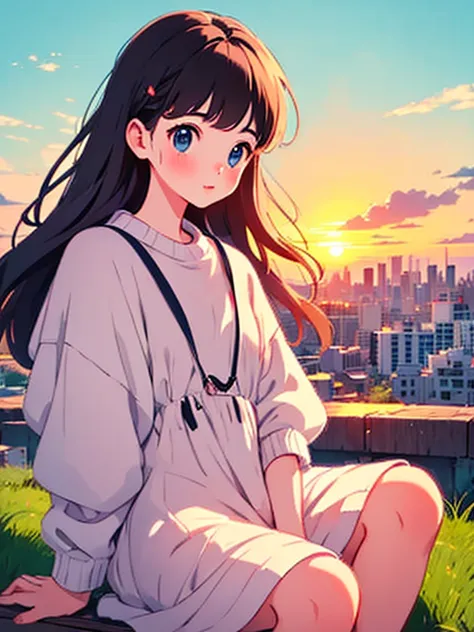 cute girl，early summer，whirlwind，girl sitting on a hill watching the sunset over the city.