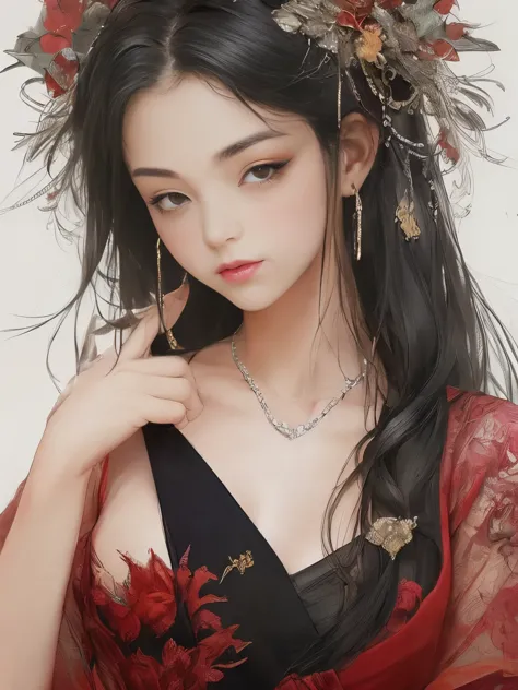 yoshitaka amano's painting style, Beautiful girl with long white hair, Fair skin, And red eyes, In the woods with cinematic ligh...
