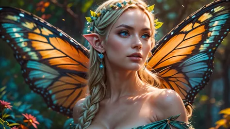 beautiful faerie woman, elf ear, flying, massive monarch butterfly wings between shoulder blades, glowing blue eyes, detailed pr...