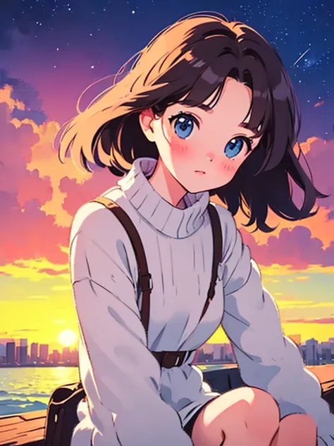 Cute girl，early summer，Strong Whirlwind，Girl in summer clothes sitting on a hill watching the sunset over the city.