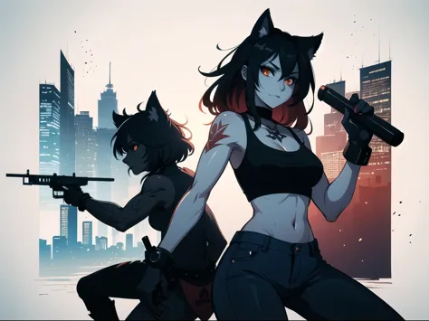 Create a high-quality digital artwork featuring two badass, gothic, and edgy furry characters in an Imp City skyline setting. Th...