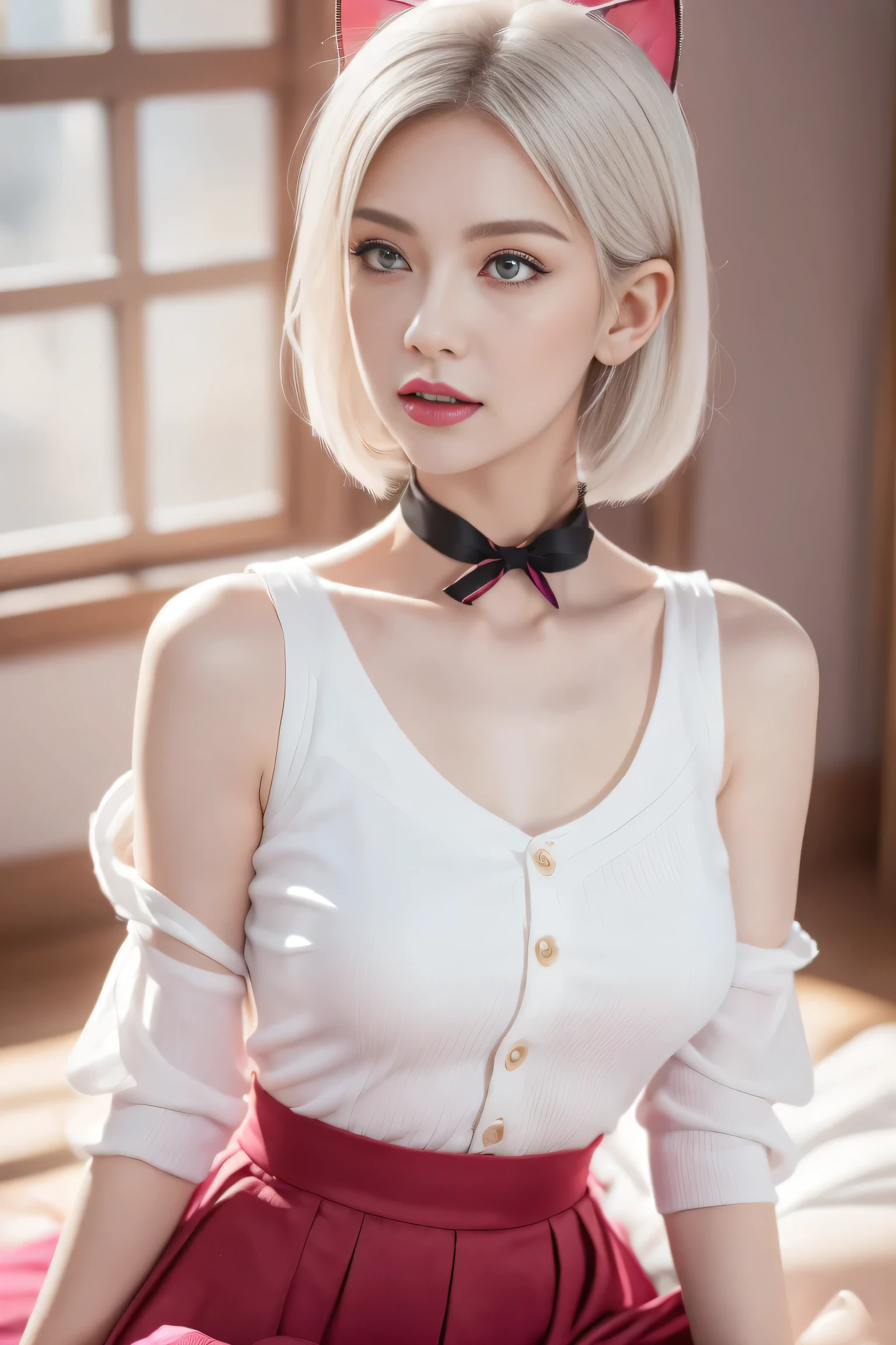 Girls, White hair, short hair, Yellow Eyed, Small Breasts, cat hair accessories, Side lock, White hair, shiny hair, , (Golden Eyes: 1.2), (There are two long triangle extensions on the skirt, Abdominal vest), White buttons for vest corset, (Wear a short-sleeved striped shirt under the vest), (The sleeves end close to the arms), (There is a thick black ribbon around the neck), ( Magenta skirt),