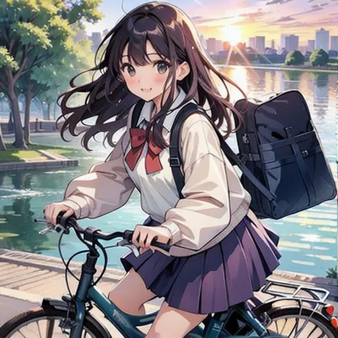 (masterpiece, highest quality:1.2), reality、girl on a bicycle, alone、junior high school girl，summer uniforms、fluttering skirt，po...