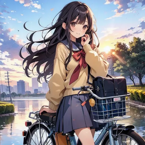 (masterpiece, highest quality:1.2), reality、Girl on a bicycle, alone、Junior high school girl，Summer Uniforms、Fluttering skirt，Po...