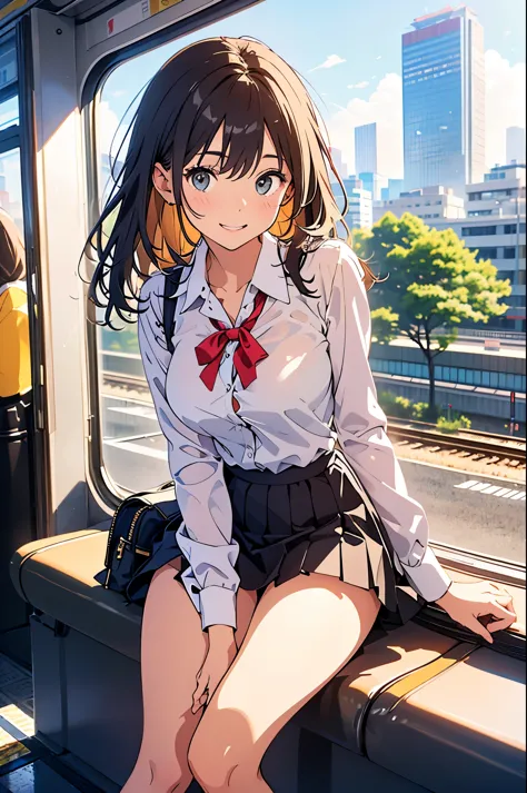 School bag、uniform、Teenage woman standing on the platform of a modern train station in Tokyo、She has long dark brown hair、She is...