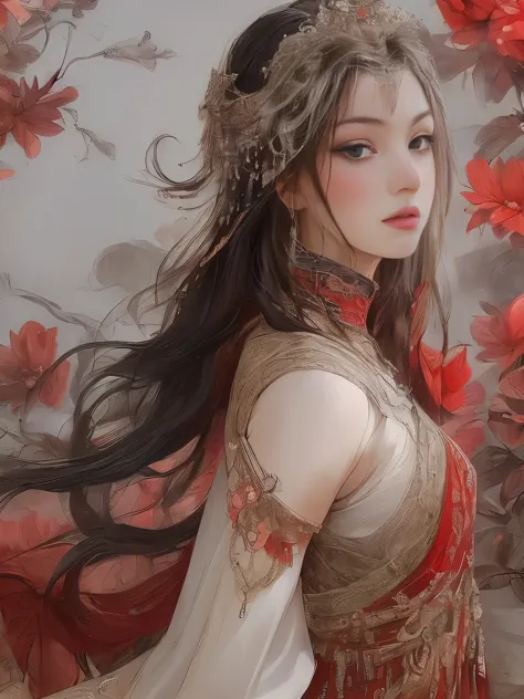 Yoshitaka Amano's painting style, Beautiful girl with long white hair, Fair skin, And red eyes, In the woods with cinematic ligh...