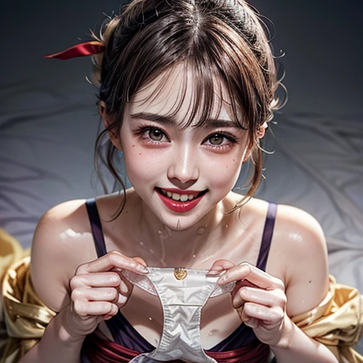 (Acutance:0.85),(Extremely Detailed:1.35, RAW photo-realistic:1.37), (closeup portrait), (1girl wearing Red tube-top), ((From above)), (presenting panties), Holding White panties with hands, Studio gray background, Red ribbon . (((NOGIZAKA face)))  Extremely Detailed KAWAII face variations, perfect anatomy, captivating gaze, elaborate detailed Eyes with (sparkling highlights:1.2), long eyelashes、Glossy RED Lips with beautiful details, Coquettish tongue, Rosy cheeks . { (Dynamic joyful expressions) | :d) } . Glistening ivory skin with clear transparency, 