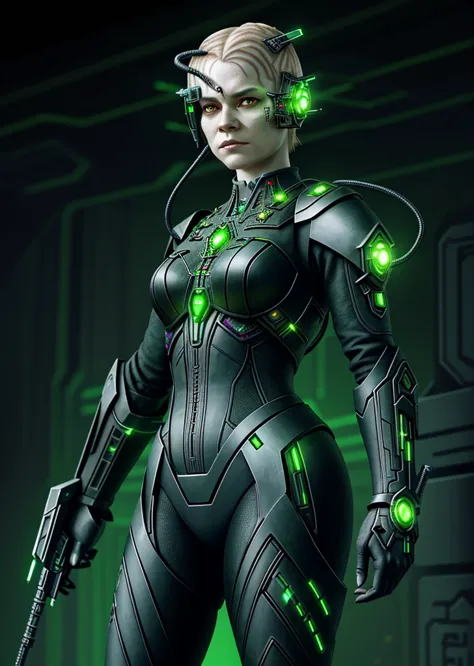 a borg female  standing against a sc-fi wall, weapon in one hand, glowing wall with green circuitry, close-up, upper body