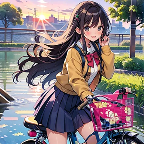 (masterpiece, highest quality:1.2), reality、girl on a bicycle, alone、junior high school girl，summer uniforms、fluttering skirt，po...