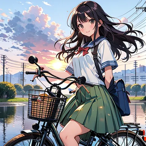 (masterpiece, highest quality:1.2), reality、Girl on a bicycle, alone、Junior high school girl，Summer Uniforms、Fluttering skirt，Po...