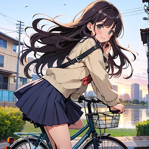 (masterpiece, highest quality:1.2), reality、Girl on a bicycle, alone、Junior high school girl，Summer Uniforms、Fluttering skirt，Po...