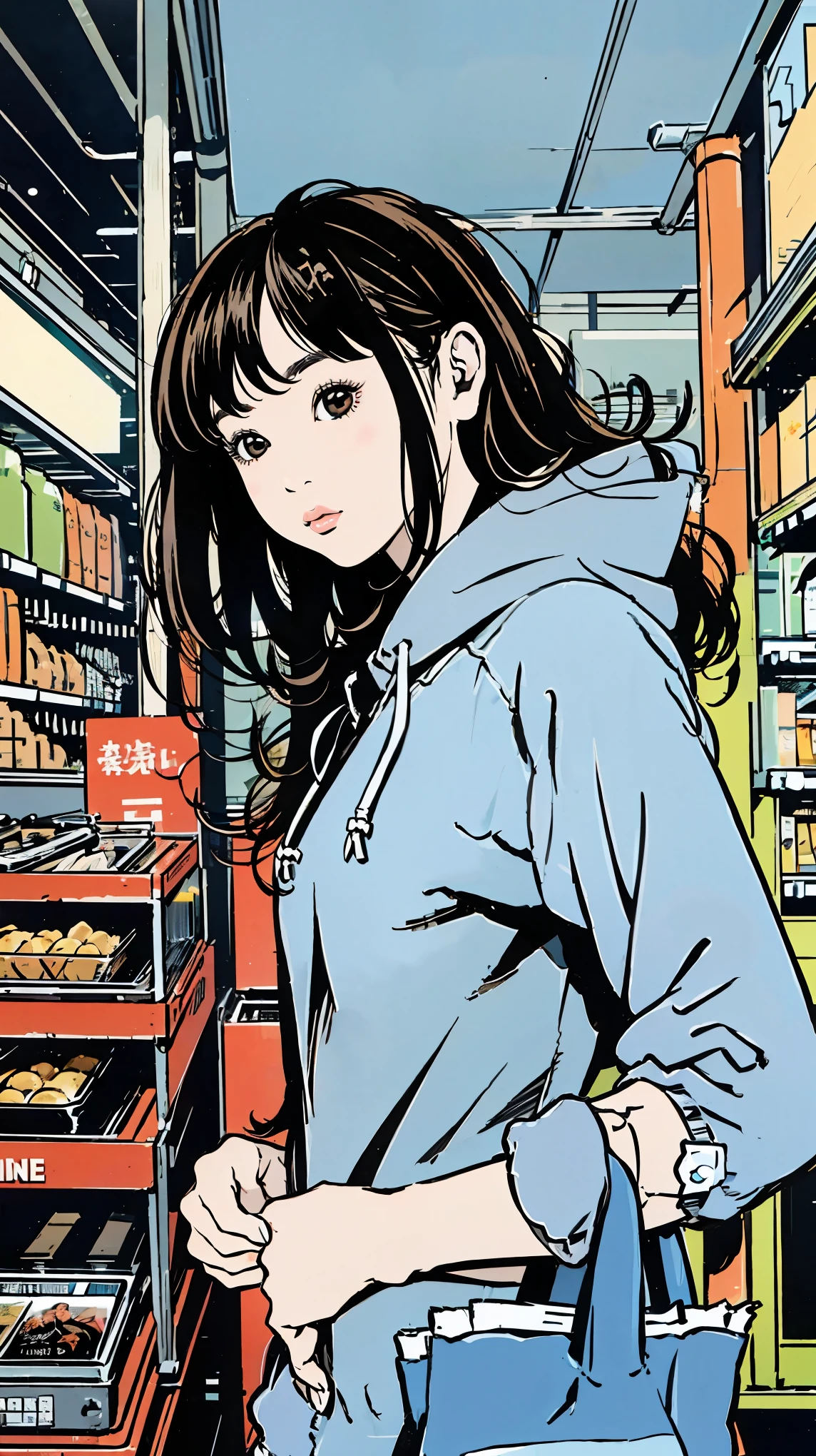 In frente of a convenience store at night、lawson、chica、todo el cuerpo、frente、sudadera con capucha azul、pelo negro、pelo largo、