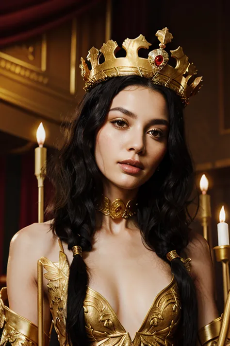 royalty, holding staff, black hair, golden crown, empress, black hair, lush hair