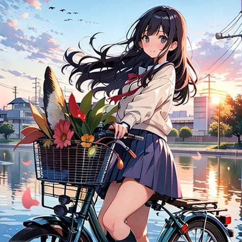 (masterpiece, highest quality:1.2), reality、Girl on a bicycle, alone、Junior high school girl，Summer Uniforms、Fluttering skirt，Ba...