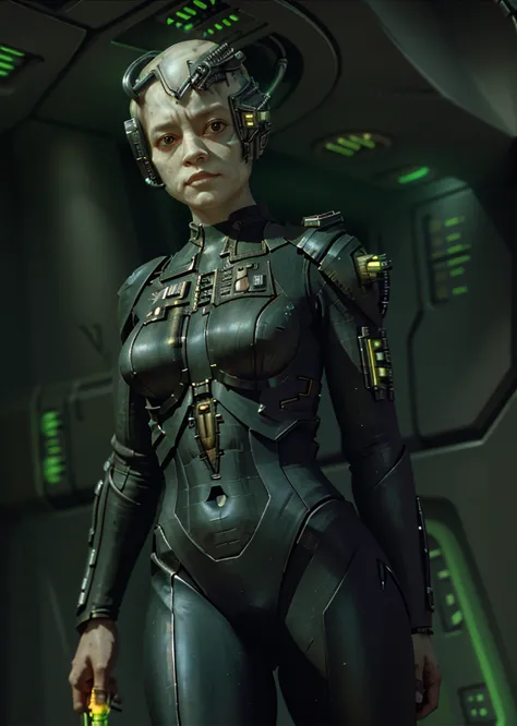 a borg sevonofnine  standing against a sc-fi wall, weapon in one hand, glowing wall with green circuitry, close-up, upper body
