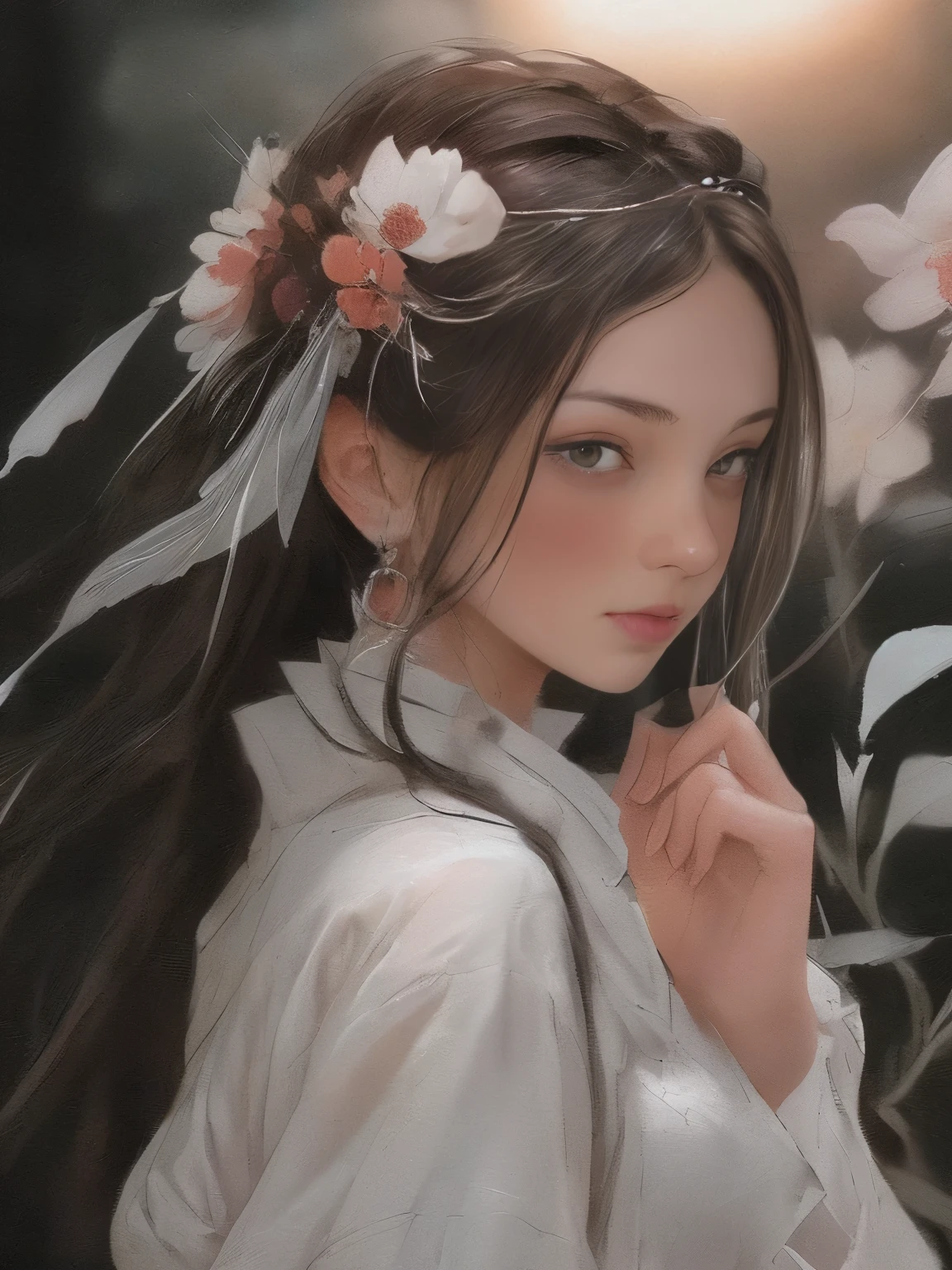 สไตล์การวาดภาพของโยชิทากะ อามาโนะ, สาวสวยผมยาวสีขาว, ผิวขาว, และตาแดง, ในป่าที่มีแสงสีแบบภาพยนตร์, มันมืดและมีแสงสว่างน้อย. เธอสวมชุดสีขาวทอง, ดวงตาของเธอเพ่งความสนใจ, มองไปที่ผู้ชม. ผิวของเธอขาว, ใบหน้าของเธอบอบบางและสมบูรณ์แบบ., (หน้าอกเด้งเต่งตึงใหญ่โต:1.3), ผลงานชิ้นเอก, งานศิลปะคุณภาพชั้นนำ. ภาพนี้เป็นวอลเปเปอร์ CG 8K ที่มีรายละเอียดอย่างเหลือเชื่อ., โทนสีภาพยนตร์พร้อมการจัดแสงแบบโรงภาพยนตร์อย่างมีศิลปะและฟิลเตอร์ที่เป็นกลาง