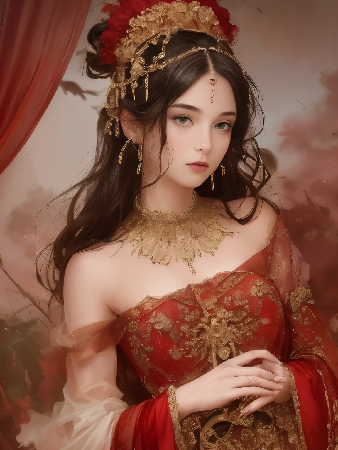 สไตล์การวาดภาพของโยชิทากะ อามาโนะ, สาวสวยผมยาวสีขาว, ผิวขาว, และตาแดง, ในป่าที่มีแสงสีแบบภาพยนตร์, มันมืดและมีแสงสว่างน้อย. เธอสวมชุดสีขาวทอง, ดวงตาของเธอเพ่งความสนใจ, มองไปที่ผู้ชม. ผิวของเธอขาว, ใบหน้าของเธอบอบบางและสมบูรณ์แบบ., (หน้าอกเด้งเต่งตึงใหญ่โต:1.3), ผลงานชิ้นเอก, งานศิลปะคุณภาพชั้นนำ. ภาพนี้เป็นวอลเปเปอร์ CG 8K ที่มีรายละเอียดอย่างเหลือเชื่อ., โทนสีภาพยนตร์พร้อมการจัดแสงแบบโรงภาพยนตร์อย่างมีศิลปะและฟิลเตอร์ที่เป็นกลาง