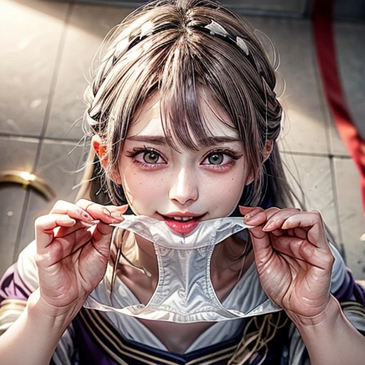 (Acutance:0.85),(Extremely Detailed:1.35, RAW photo-realistic:1.37), (closeup portrait), (1girl wearing Red tube-top), ((From above)), (presenting panties), Holding White panties with hands, Studio gray background, Red ribbon . (((NOGIZAKA face)))  Extremely Detailed KAWAII face variations, perfect anatomy, captivating gaze, elaborate detailed Eyes with (sparkling highlights:1.2), long eyelashes、Glossy RED Lips with beautiful details, Coquettish tongue, Rosy cheeks . { (Dynamic joyful expressions) | :d) } . Glistening ivory skin with clear transparency, 