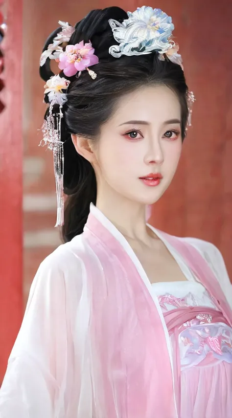 a close up of a woman wearing a pink dress and a tia, white hanfu, chinese style, hanfu, palace ， a girl in hanfu, ethereal beau...