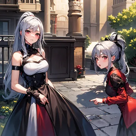 masterpiece, high quality, HCNONE, Pixel art, One girl, Gray Hair, ponytail, Red Gothic Dress,one person
