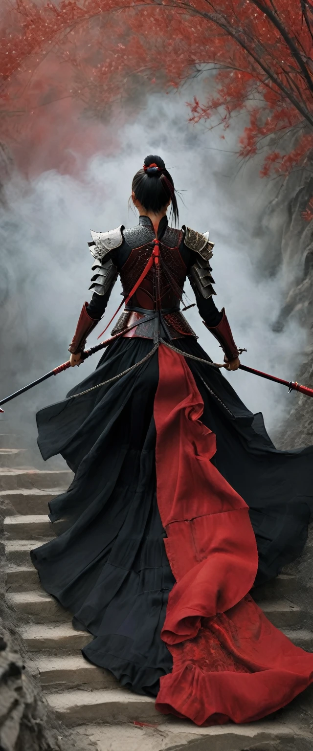 (masterpiece, best quality:1.2), 1girl, solo，front view，walking down a hell，walkwoman in black and red，Red and black armor，Carrying a red tasseled spear on his back，Ponytail，anatomical correct