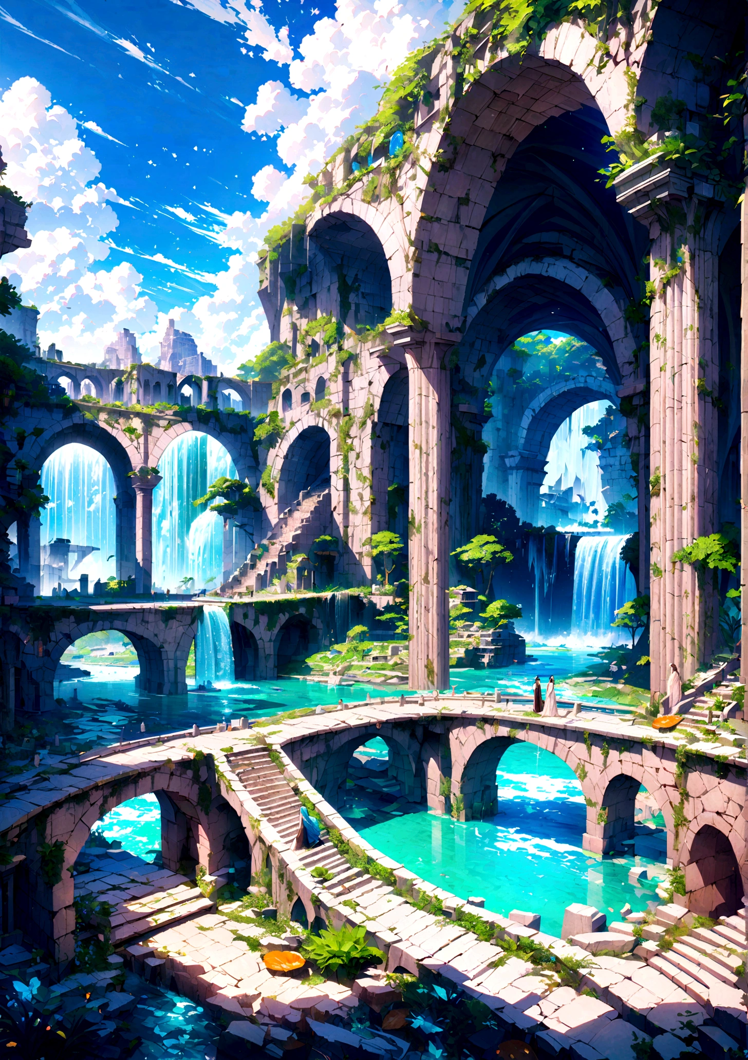 8K resolution, surreal, Super detailed, high quality, fantastical city, towering archways and bridges, cascading waterfalls, ancient ruins, lush greenery, winding river, blue skies with fluffy clouds, detailed stone structures, scenic landscapes, mix of natural and architectural beauty, vibrant colors