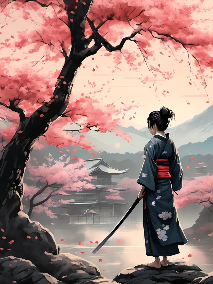 (best quality,highres:1.2),1girl，ultra-detailed,traditional Japanese female samurai armor,warrior,stoic expression,serious,skilled swordsmanship,classic katana,samurai code of honor,sacred devotion,falling cherry blossom petals,ancient cherry blossom tree,authentic Japanese landscape,peaceful temple in the distance,subtle light and shadow,sublime artistry,brushstrokes,deep black ink wash,Manga-inspired,traditional woodblock print style,vibrant colors,delicate linework,faint scent of incense,serene atmosphere，anatomical correct：2