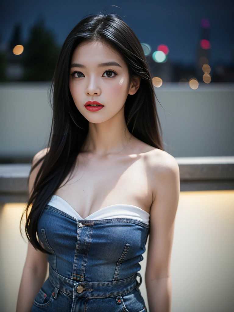 (1girl), russian, solo, long_hair, wearing(denim-strapless-shirt, white-miniskirt), photo(medium-shot), portrait, standing, pov, blurry_background, background(night, tower, rooftop, nightlight), (photorealistic, absurdres, best_quality:1.55),