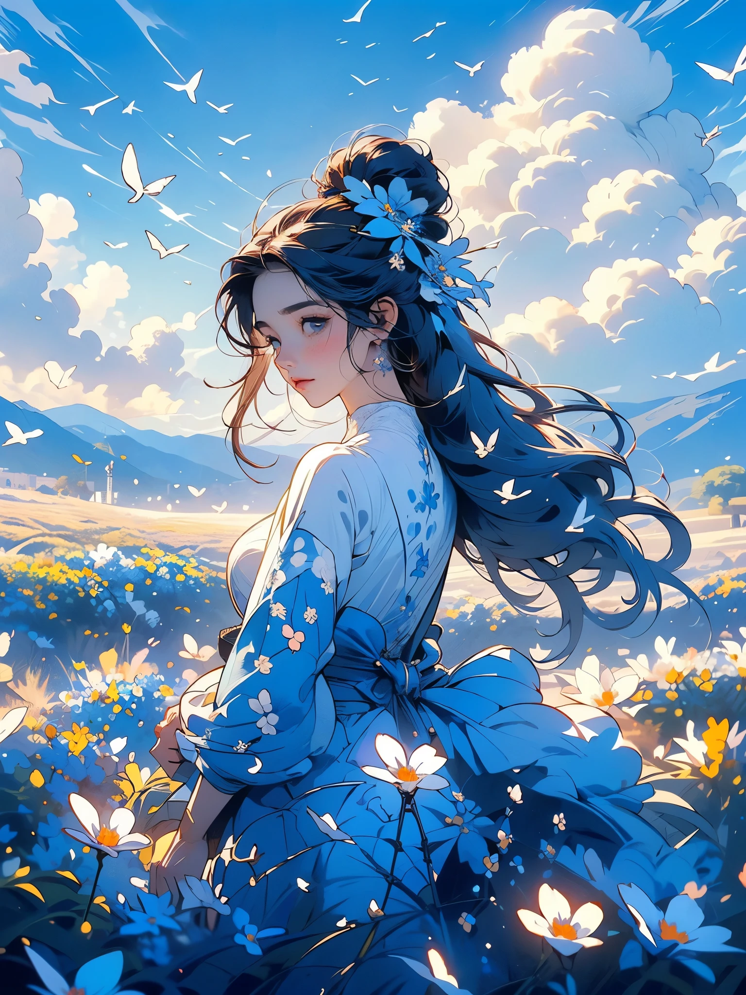 Dans un jardin parfumé, la femme aveugle est debout, les bras tendus, touchant doucement les pétales des fleurs qu&#39;elle trouve, se connecter avec la nature et les douces fleurs bleues, (((Ciel extrêmement beau avec de longs, nuages bleus, Des pétales de différentes couleurs volent au vent)))
