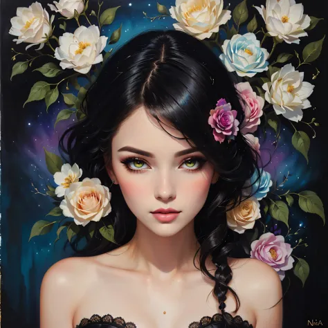 a painting of a woman with a black dress and flowers, inspired by Kelly McKernan, inspired by Harumi Hironaka, inspired by Sandr...