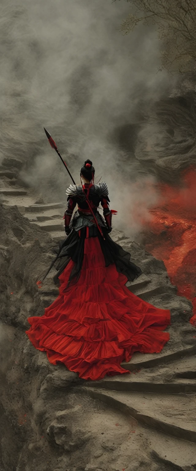 (masterpiece, best quality:1.2), 1girl, solo，front view，walking down a hell，walkwoman in black and red，Red and black armor，Carrying a red tasseled spear on his back，Ponytail，anatomical correct