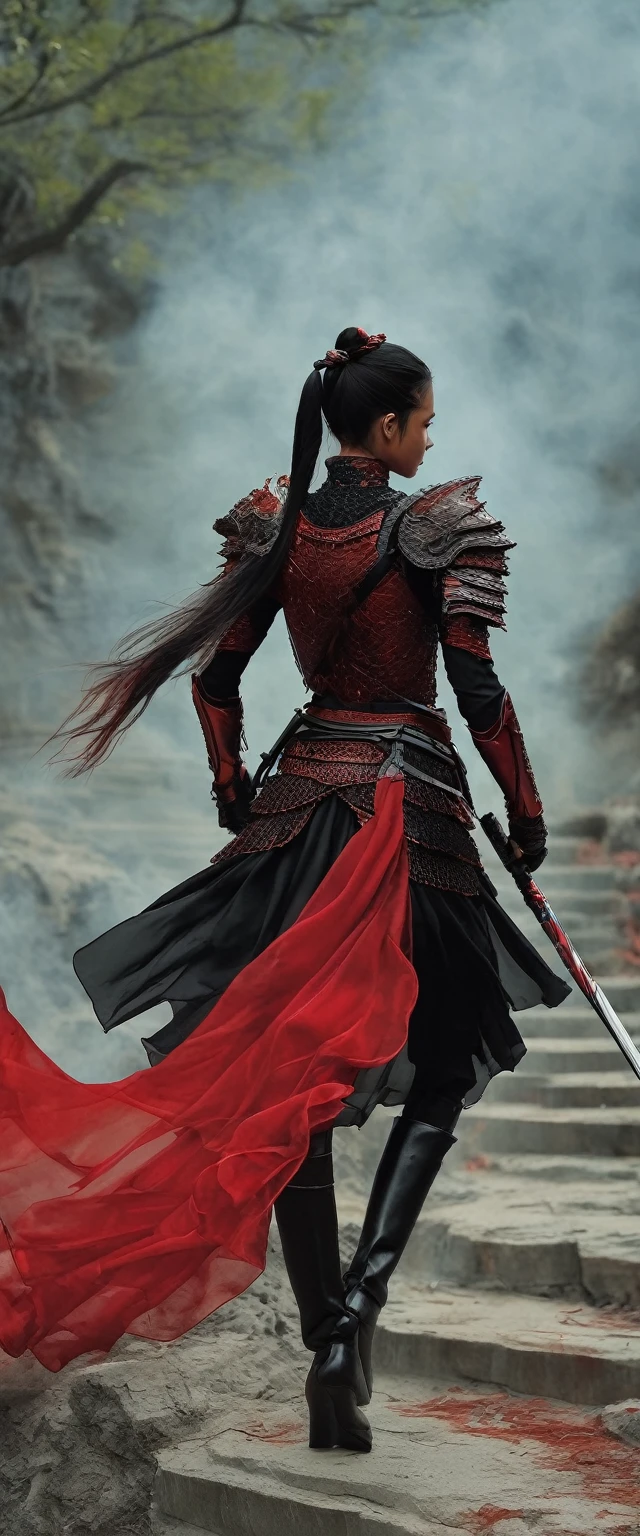 (masterpiece, best quality:1.2), 1girl, solo，front view，walking down a hell，walkwoman in black and red，Red and black armor，Carrying a red tasseled spear on his back，Ponytail，anatomical correct