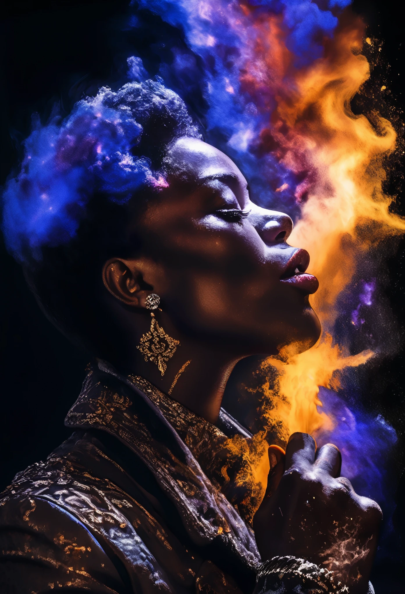 흑인 여성의 입에 연기를 불어넣는 흑인 남성의 모습을 한 로르샤흐 이미지의 4D 초상화, 성운의 폭발로 묘사됨, 오일 페인팅, 3/4 프로필 보기, 상세한 자수, 무디 명암조명, 최고 해상도
