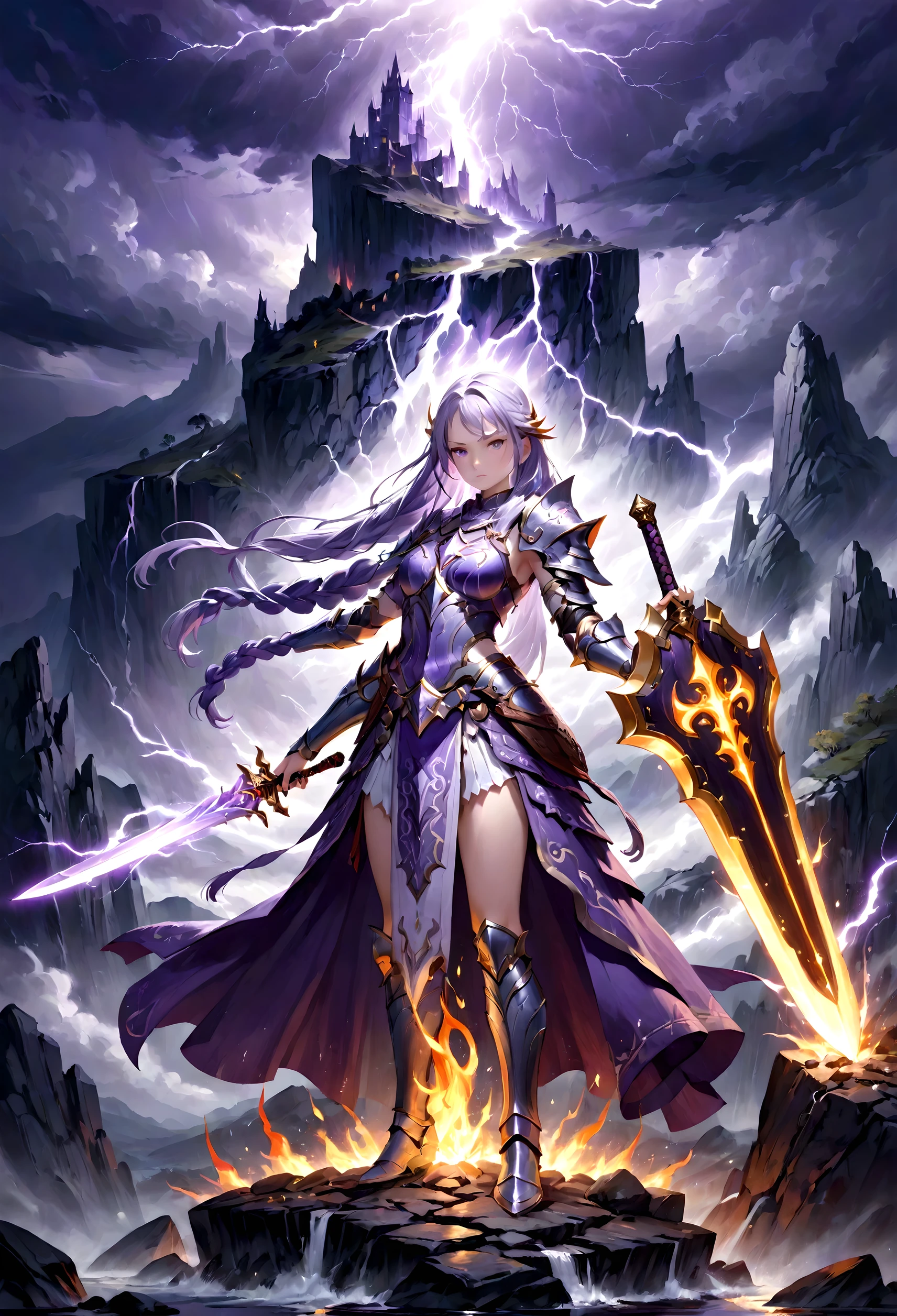 Ilustração de uma guerreira com espada mágica encantada por chamas, espada detalhada intrincada, cabelo longo em gradiente branco-roxo, tranças soltas, armadura e escudo com LED, Pinceladas suaves, altamente detalhado, fantasia negra, trovoada, paisagem rochosa