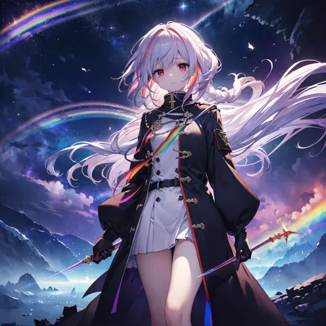 (((hold a rapier　long)))　((fantasy　rainbow hair　long髪　dull red eyes　uniform　mouth is covered by clothing　put on a coat without p...