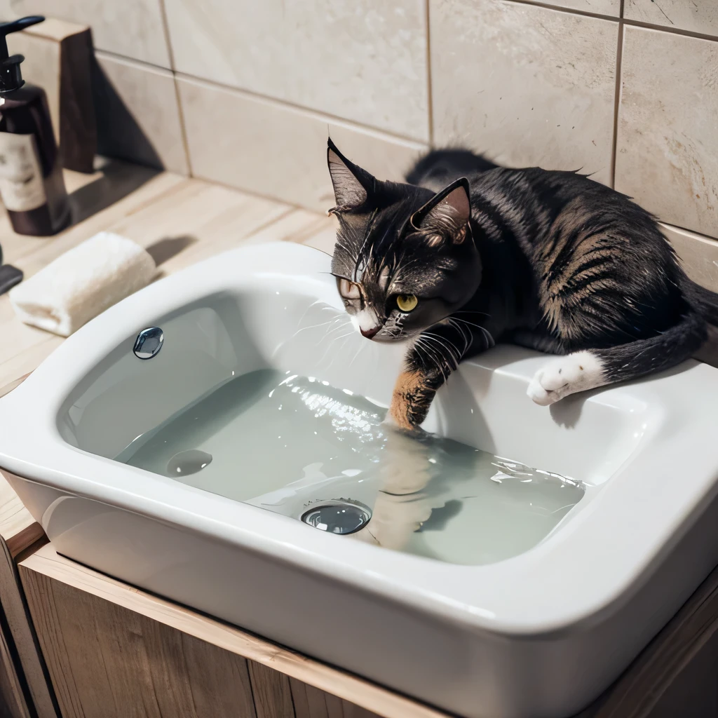 raw photo , 8K, ultra detailed, (cat in wash basin:1.3), wash basin