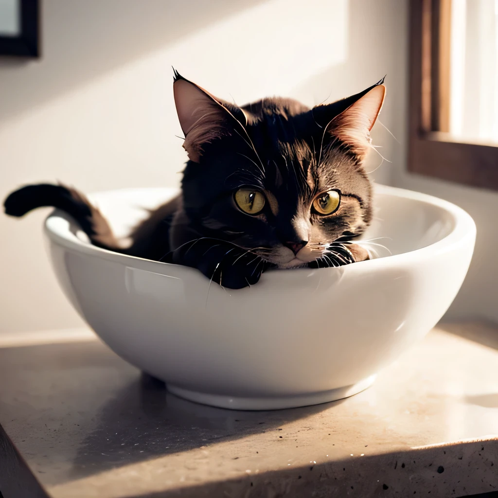 raw photo , 8K, ultra detailed, (cat in wash basin:1.3), upper body, wash basin