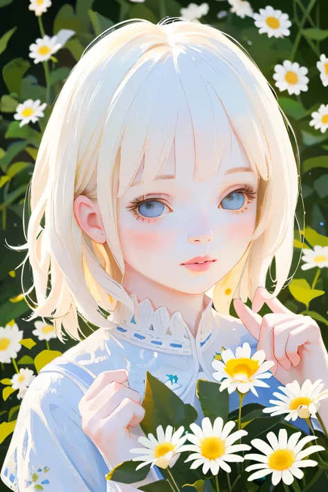 1girl, highly detailed, photorealistic, adorable chibi girl, holding a daisy in her left hand, plucking the petals of the daisy ...