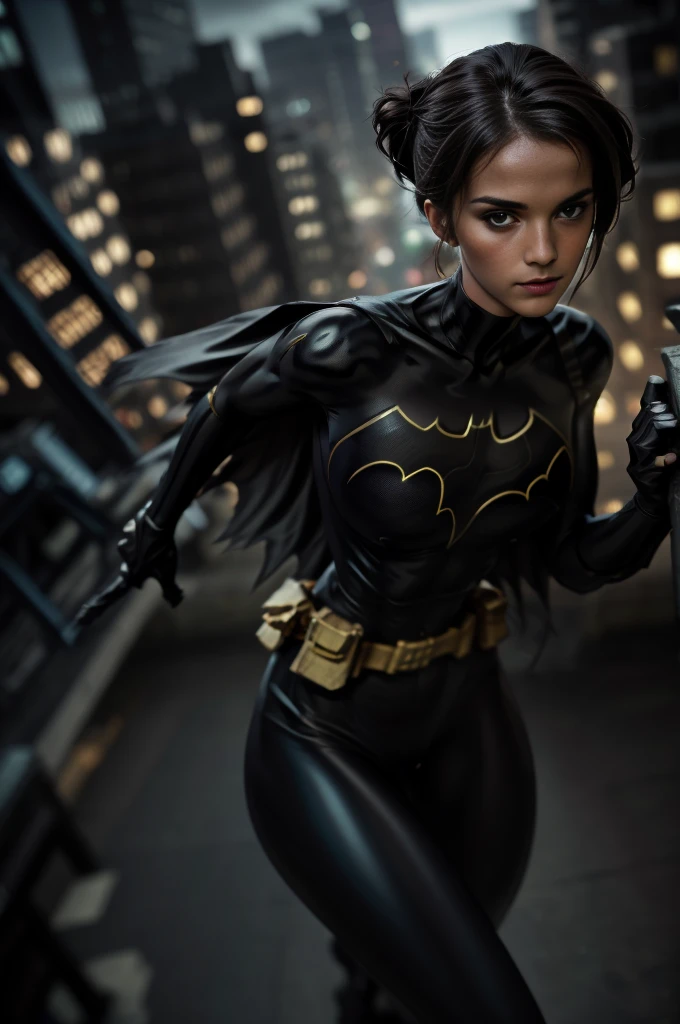 une Batgirl dangereuse et séduisante, 1fille, Emma Watson dans le rôle de Batgirl, Beaux yeux détaillés, belles lèvres détaillées, Visage et caractéristiques extrêmement détaillés, long cils, cheveux foncés qui coule, body noir moulant, pose d&#39;action, fond de toits de la ville, Éclairage dramatique, Contraste élevé, couleurs vives, style bande dessinée, composition dynamique, HDR, 8k, Cinématique, tendance sur artstation, chef-d&#39;œuvre, ultra-détaillé, hyper réaliste, Photoréaliste
