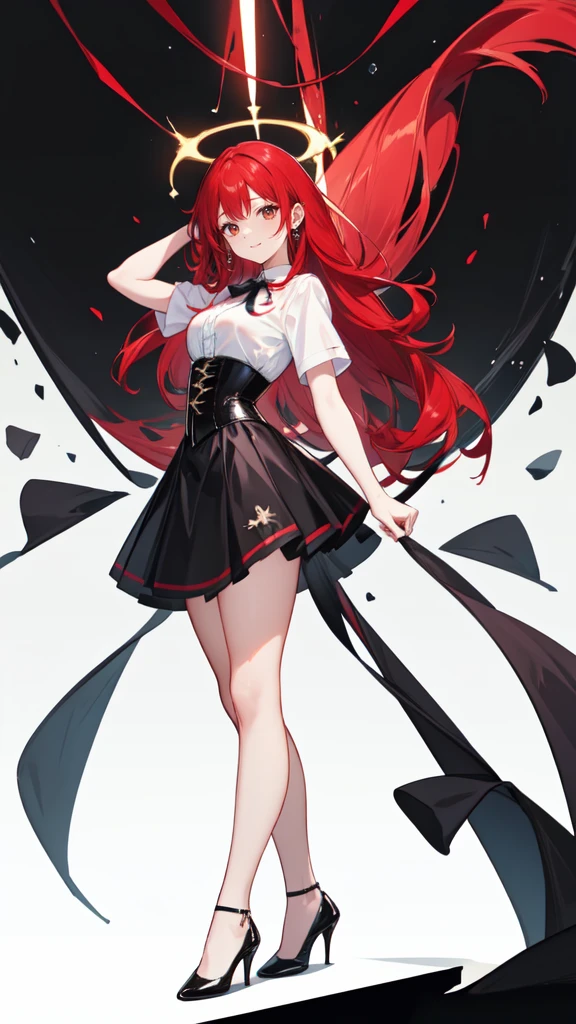 red Hair,long hair,Adult female,White Y-shirt,((Rolling up his sleeves)),(corset),(Black tight skirt),(High heels),Heels are visible,((Simple white background)),smile,((whole body)),((full body)),