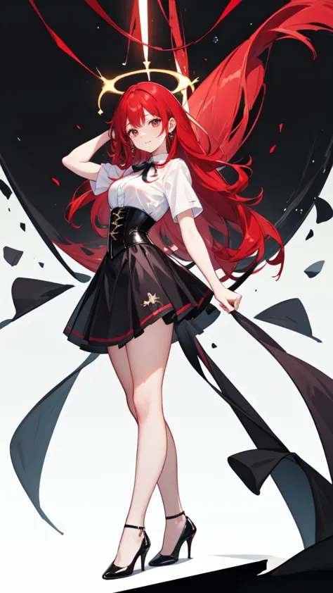 red Hair,long hair,Adult female,White Y-shirt,((Rolling up his sleeves)),(corset),(Black tight skirt),(High heels),Heels are vis...