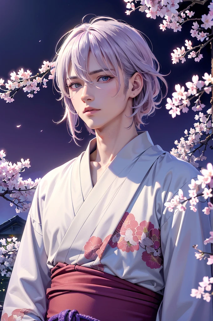 ‪ (masterpiece, 8k, Absurd, Digital Art, Digital Illustration, Realistic, Very detailed, Realistic lighting), (Perfect Face, Perfect Eyes, Perfect body), male,1 person, Male, Adult,good looking, Sharp features,Anime Blonde man in kimono, Purple sky, White cherry blossoms, higly detailed, Purple clouds, white colored hair
