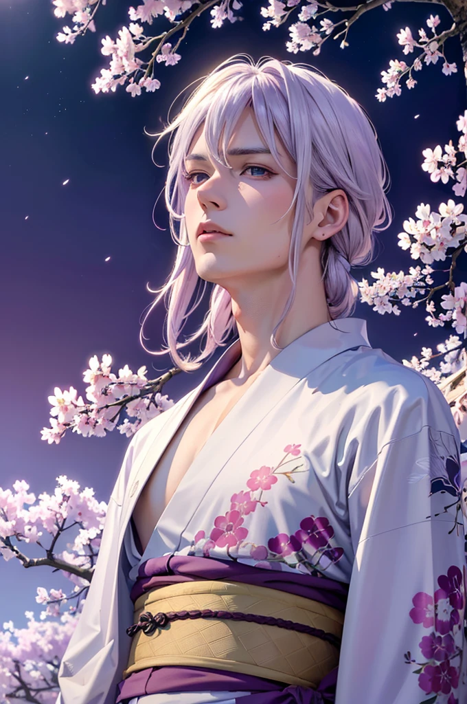 ‪ (masterpiece, 8k, Absurd, Digital Art, Digital Illustration, Realistic, Very detailed, Realistic lighting), (Perfect Face, Perfect Eyes, Perfect body), male,1 person, Male, Adult,good looking, Sharp features,Anime Blonde man in kimono, Purple sky, White cherry blossoms, higly detailed, Purple clouds, white colored hair
