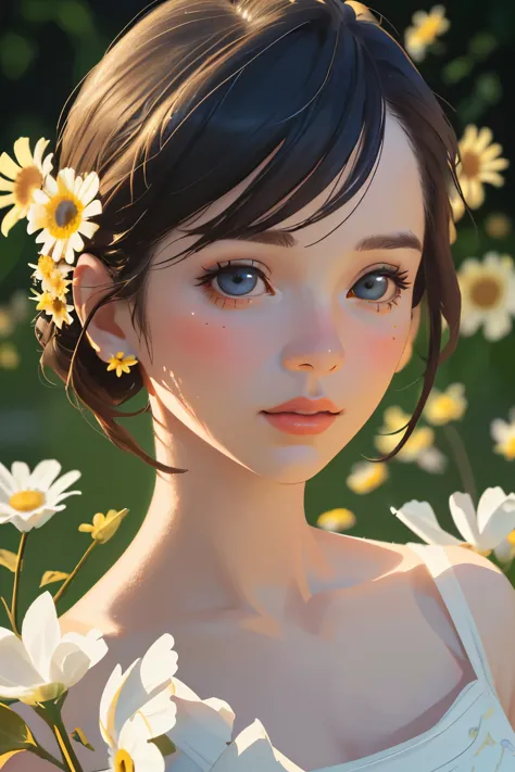 1girl, highly detailed, photorealistic, adorable chibi girl, holding a daisy in her left hand, plucking the petals of the daisy ...