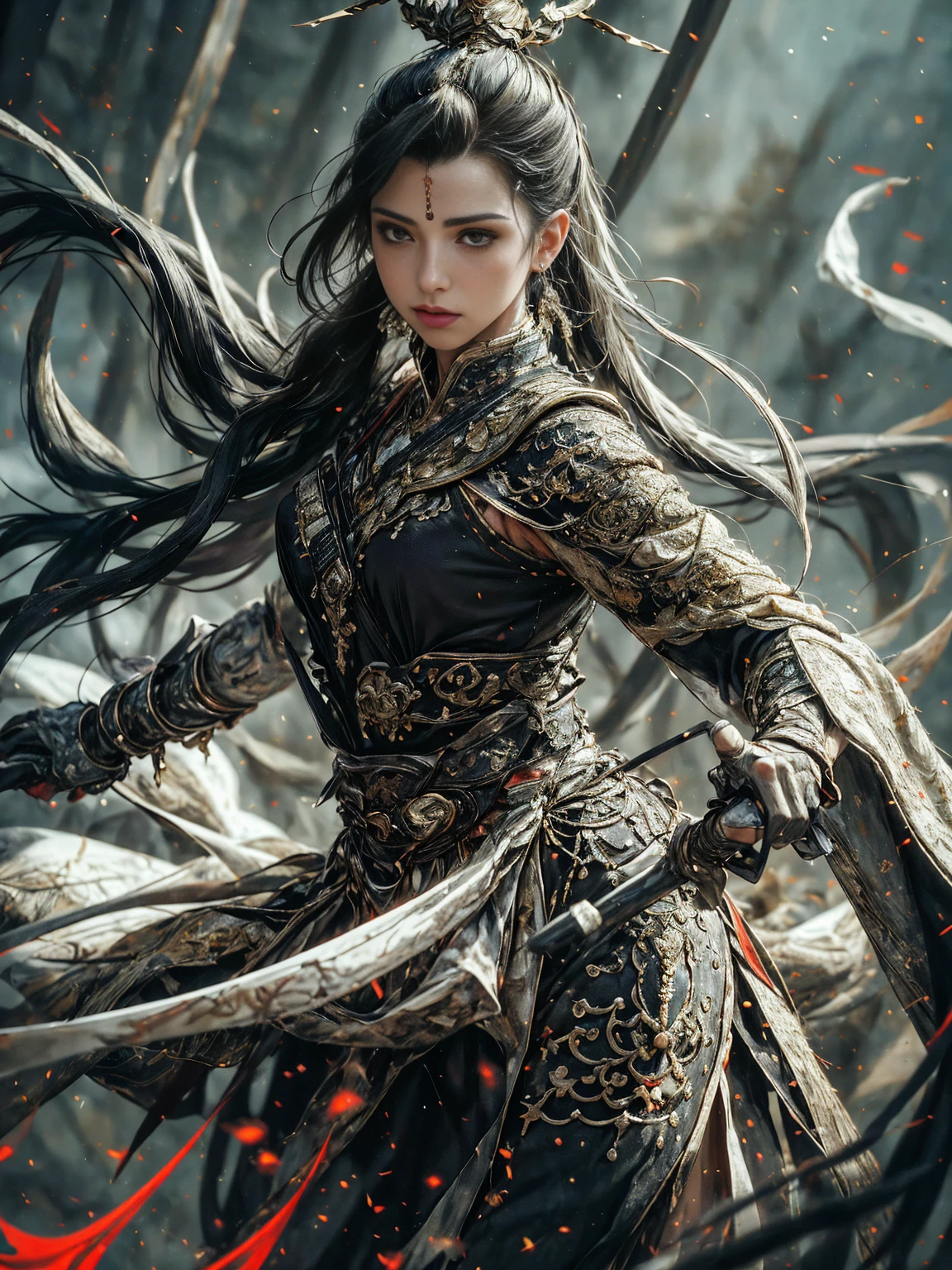 a majestic, imposing, magical female warrior, war pose, action, detailed face, beautiful eyes, intricate armor, glowing magical energy, cinematic lighting, dramatic colors, fantasy landscape, epic scale, (best quality, 8k, hyper-detailed, photorealistic:1.4), masterpiece, by a concept artist, 