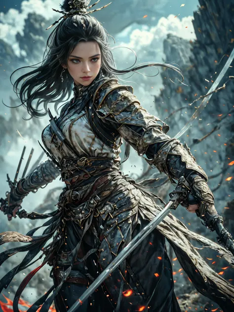 a majestic, imposing, magical female warrior, war pose, action, detailed face, beautiful eyes, intricate armor, glowing magical ...